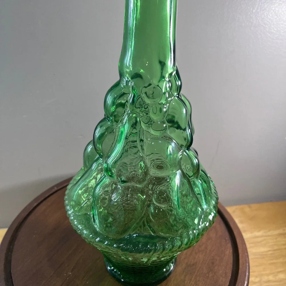 Vtg Empoli Green Glass Fruit Basket Decanter Bottle Made in Italy 14.5